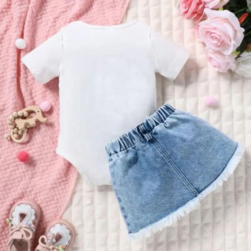 LUVCES Vestiti per Neonata Maniche Corte con Volant Lettere Stampa Tutina+ Denim Jeans Strappata Gonna Set per Neonati Vestiti Estivi Coniglio Bianco 12-18 Mesi miniatura 3