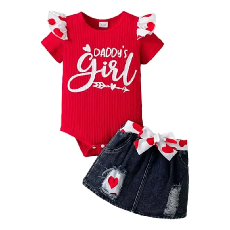 LUVCES Vestiti per Neonata Maniche Corte con Volant Lettere Stampa Tutina+ Denim Jeans Strappata Gonna Set per Neonati Vestiti Estivi Rosso Daddy's Girl 0-3 Mesi