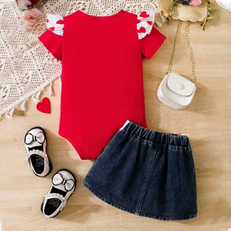 LUVCES Vestiti per Neonata Maniche Corte con Volant Lettere Stampa Tutina+ Denim Jeans Strappata Gonna Set per Neonati Vestiti Estivi Rosso Daddy's Girl 0-3 Mesi miniatura 2