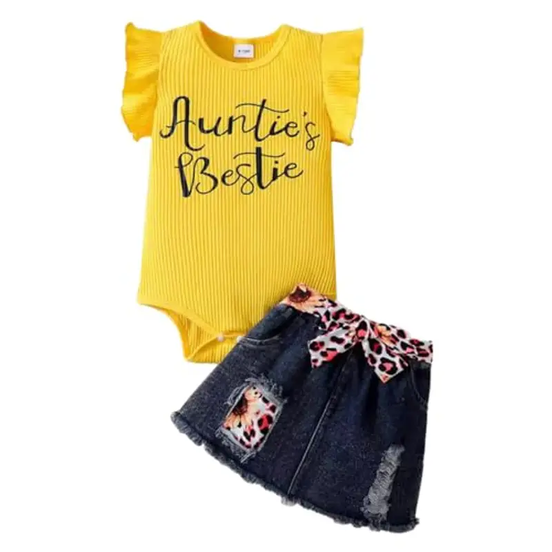 LUVCES Vestiti Set per Neonata Estivi Manica Corta Stampa a Lettere Tutina a Coste +Gonna in Denim Abbigliamento per Neonati Estivi Outfit Giallo Auntie's Bestie 3-6 Mesi