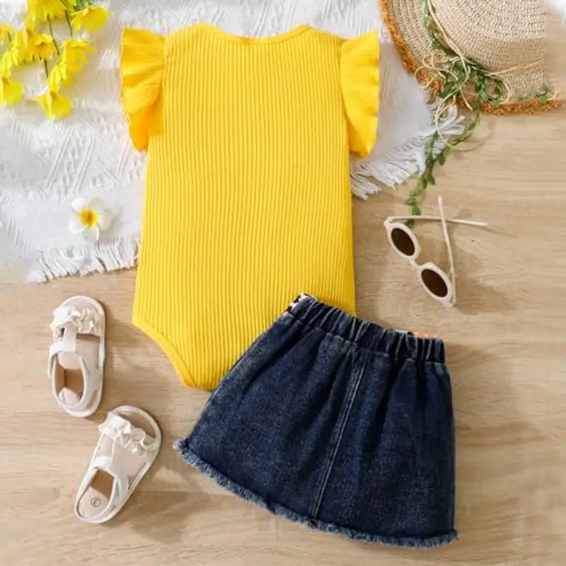LUVCES Vestiti Set per Neonata Estivi Manica Corta Stampa a Lettere Tutina a Coste +Gonna in Denim Abbigliamento per Neonati Estivi Outfit Giallo Auntie's Bestie 3-6 Mesi miniatura 2