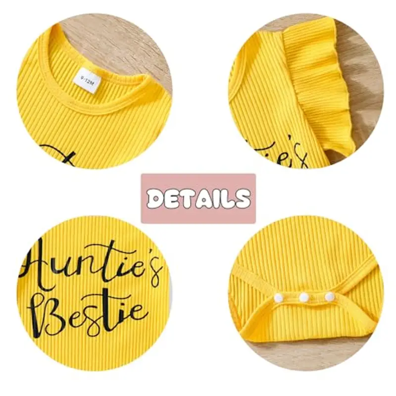LUVCES Vestiti Set per Neonata Estivi Manica Corta Stampa a Lettere Tutina a Coste +Gonna in Denim Abbigliamento per Neonati Estivi Outfit Giallo Auntie's Bestie 3-6 Mesi miniatura 3