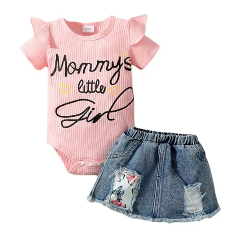 LUVCES Vestiti Set per Neonata Estivi Manica Corta Stampa a Lettere Tutina a Coste +Gonna in Denim Abbigliamento per Neonati Estivi Outfit Rosa Mommy's little girl 3-6 Mesi