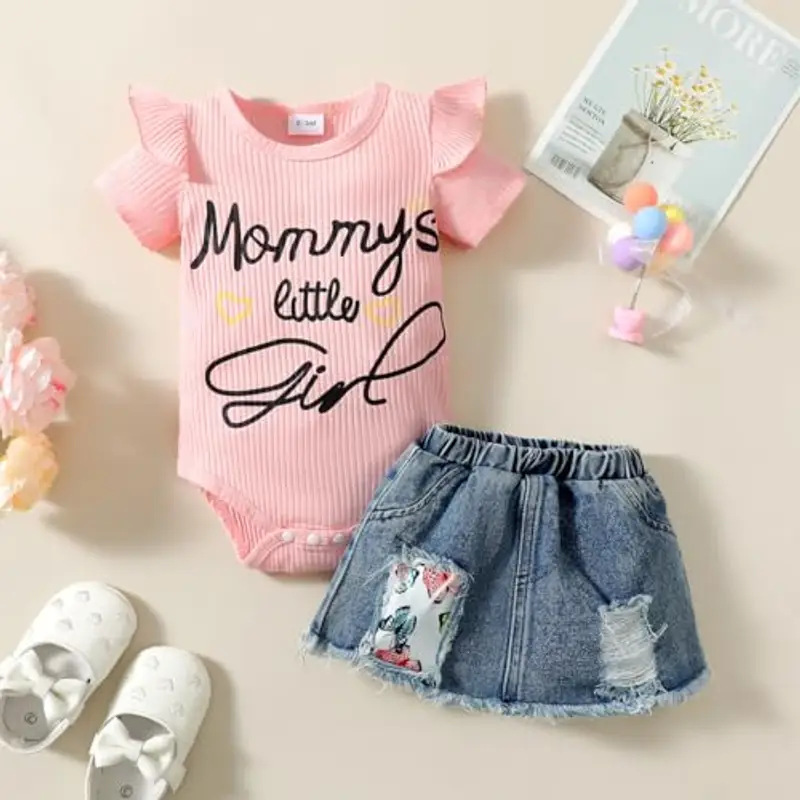 LUVCES Vestiti Set per Neonata Estivi Manica Corta Stampa a Lettere Tutina a Coste +Gonna in Denim Abbigliamento per Neonati Estivi Outfit Rosa Mommy's little girl 3-6 Mesi miniatura 2