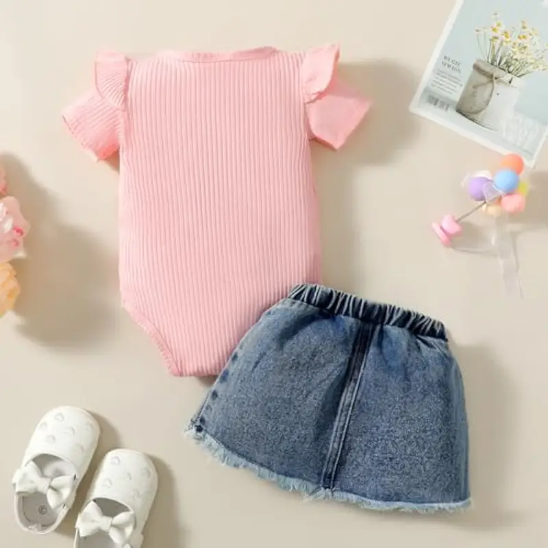 LUVCES Vestiti Set per Neonata Estivi Manica Corta Stampa a Lettere Tutina a Coste +Gonna in Denim Abbigliamento per Neonati Estivi Outfit Rosa Mommy's little girl 3-6 Mesi miniatura 3
