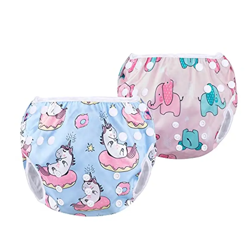 Luxja Riutilizzabile Pannolini da Nuoto (Confezione da 2), Impermeabile Pannolino Piscina, Costume Pannolino Neonato (0-3 Anni), Unicorno + Elefantino