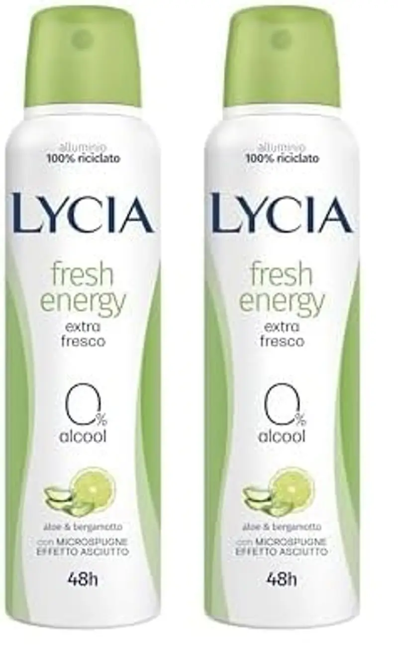 Lycia - Fresh Energy Deodorante Spray, Senza Alcool, Efficacia 48 ore, con Microspugne Effetto Asciutto, con Aloe e Bergamotto, 150ml (Confezione da 2)