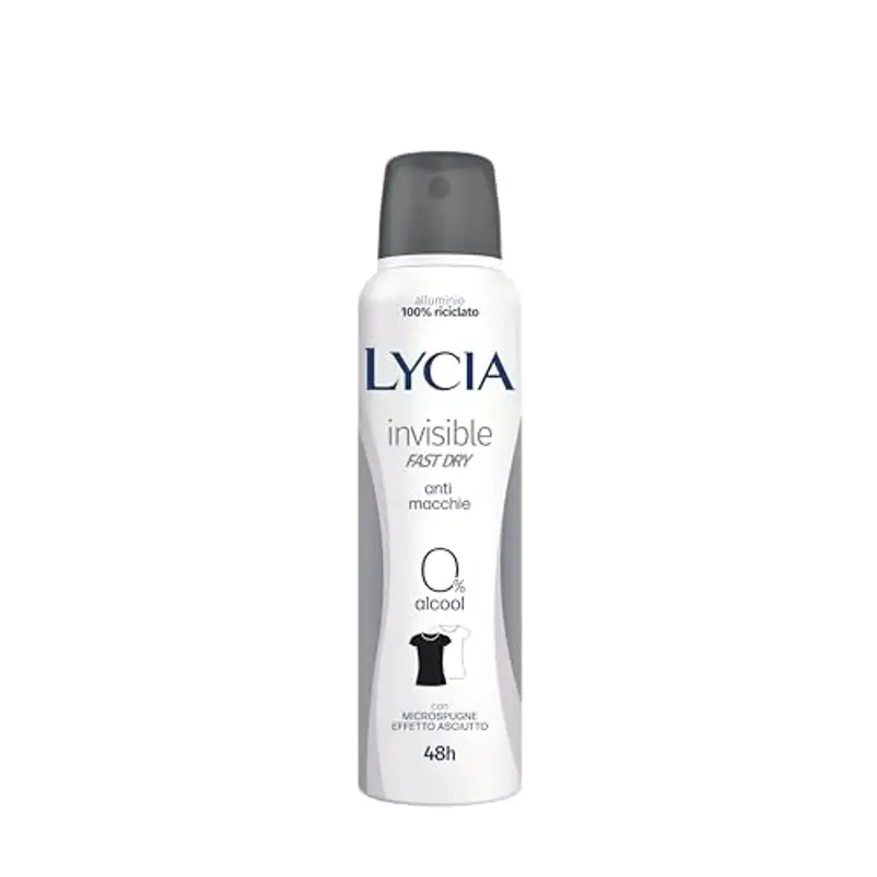 Lycia, Invisible Deodorante Spray Antimacchia con Antibatterico, Formula Fast Dry Asciuga Rapidamente, Non Lascia Macchie o Aloni sui Vestiti, Efficacia fino a 48H, 150 ml