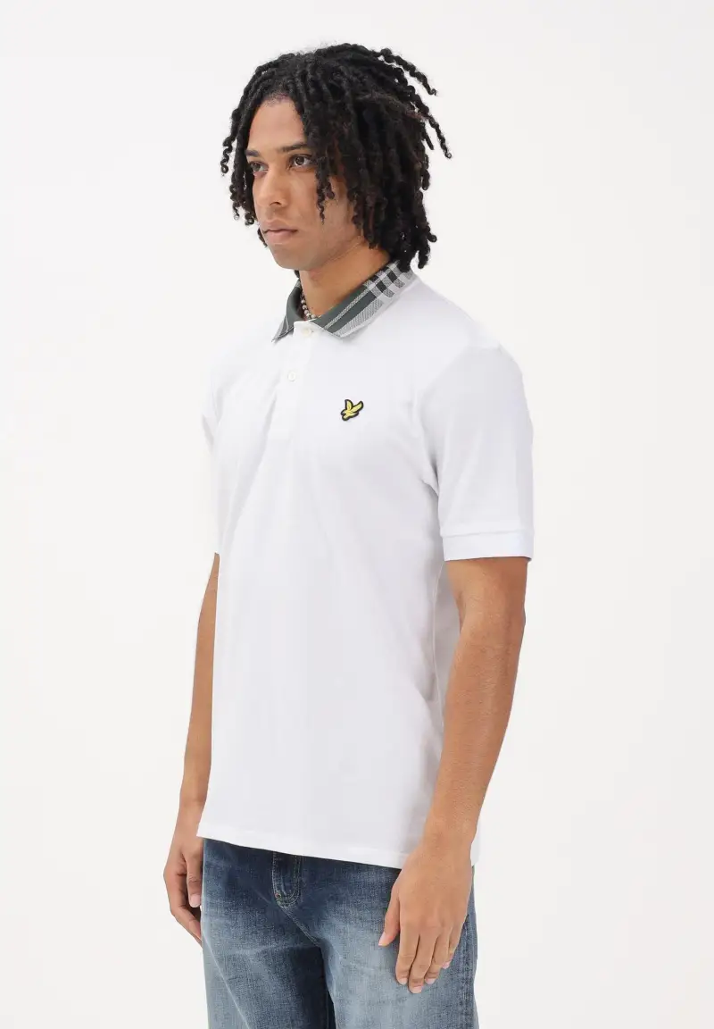 Polo a manica corta bianca da uomo con colletto con motivo check