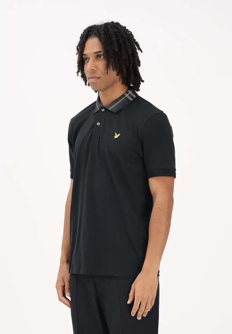 Polo a manica corta nera da uomo con colletto con motivo check