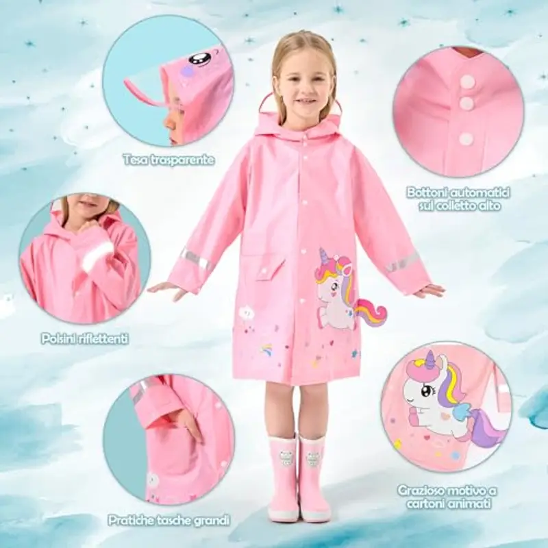 Lymaha Impermeabile per Bambino, Mantella Antipioggia con Cappuccio Cartone Animato 3D Antipioggia Impermeabile Bambina miniatura 3