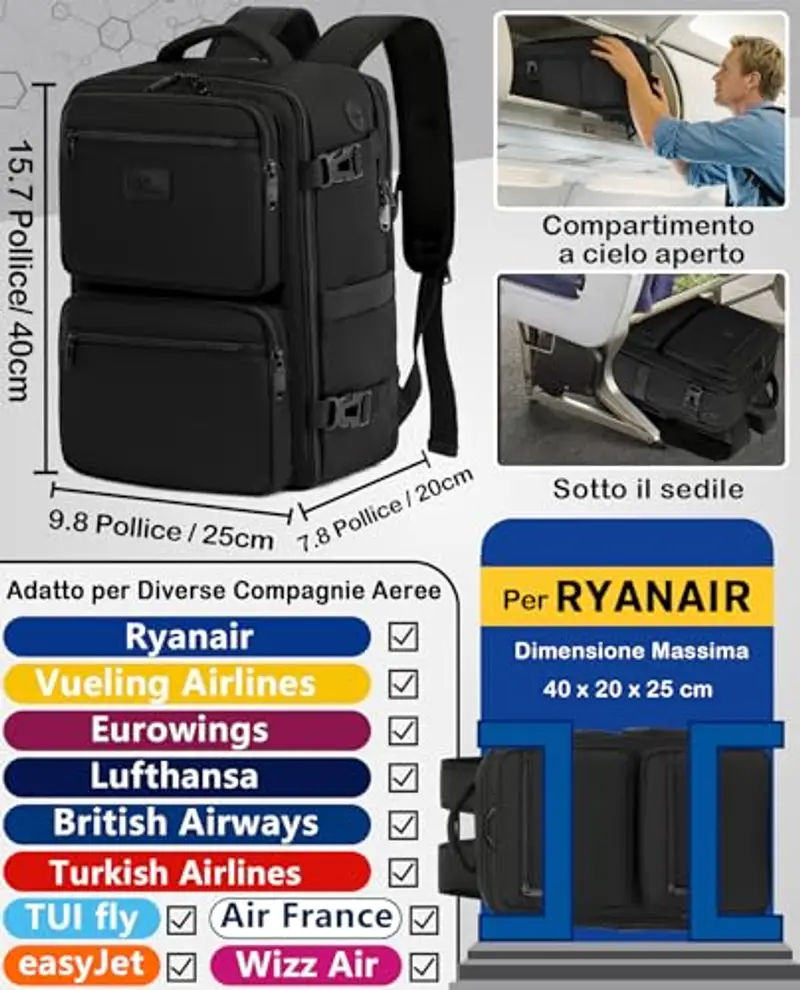 LYNXCHER Zaino Ryanair 40x20x25 da Viaggio Sottovuoto Aereo Bagaglio a Mano 20L per Uomo e Donna Borsa da Cabina 14 Pollici Porta PC Nero miniatura 2