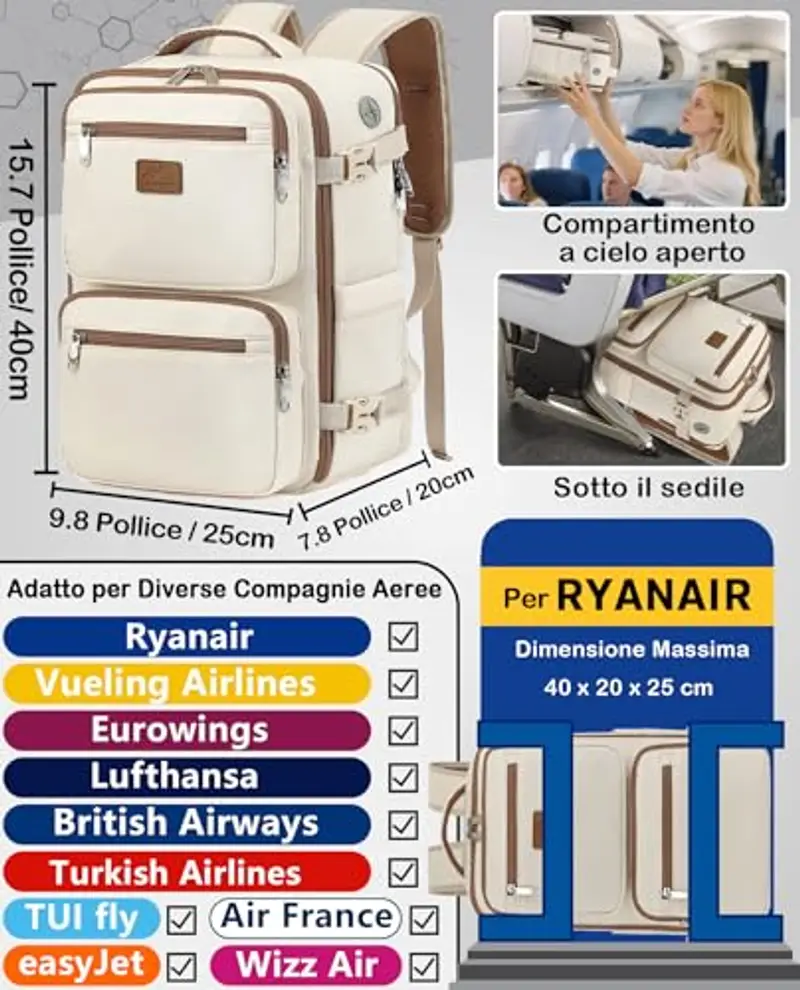 LYNXCHER Zaino Ryanair 40x20x25 da Viaggio Sottovuoto Aereo Bagaglio a Mano 20L per Uomo e Donna Borsa da Cabina 14 Pollici Porta PC Riso Bianco miniatura 2