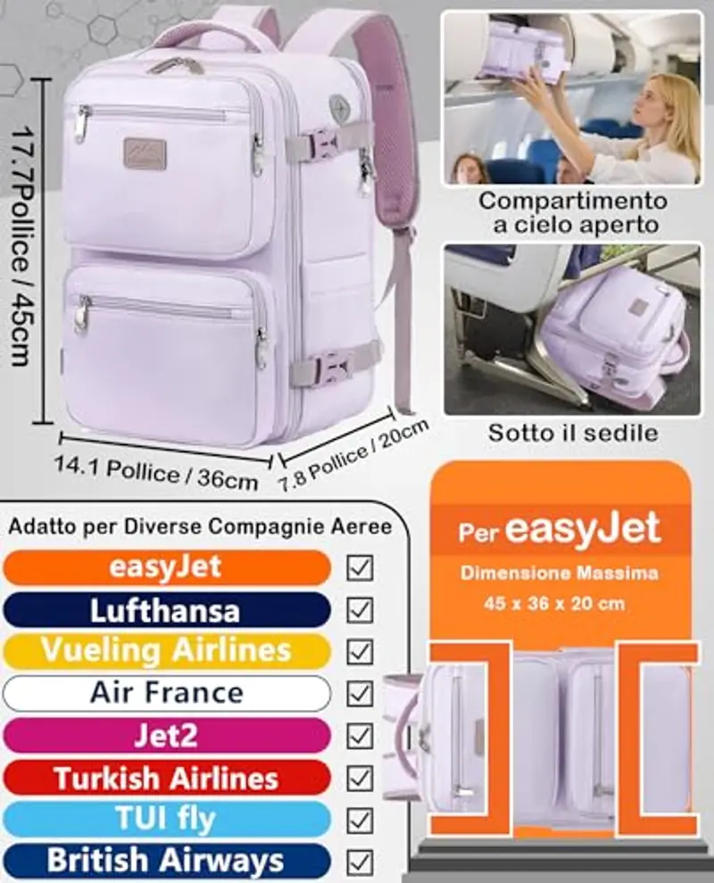 LYNXCHER Zaino Ryanair 40x20x25 da Viaggio Sottovuoto Aereo Bagaglio a Mano 20L per Uomo e Donna Borsa da Cabina 14 Pollici Porta PC Violetta Chiara miniatura 2