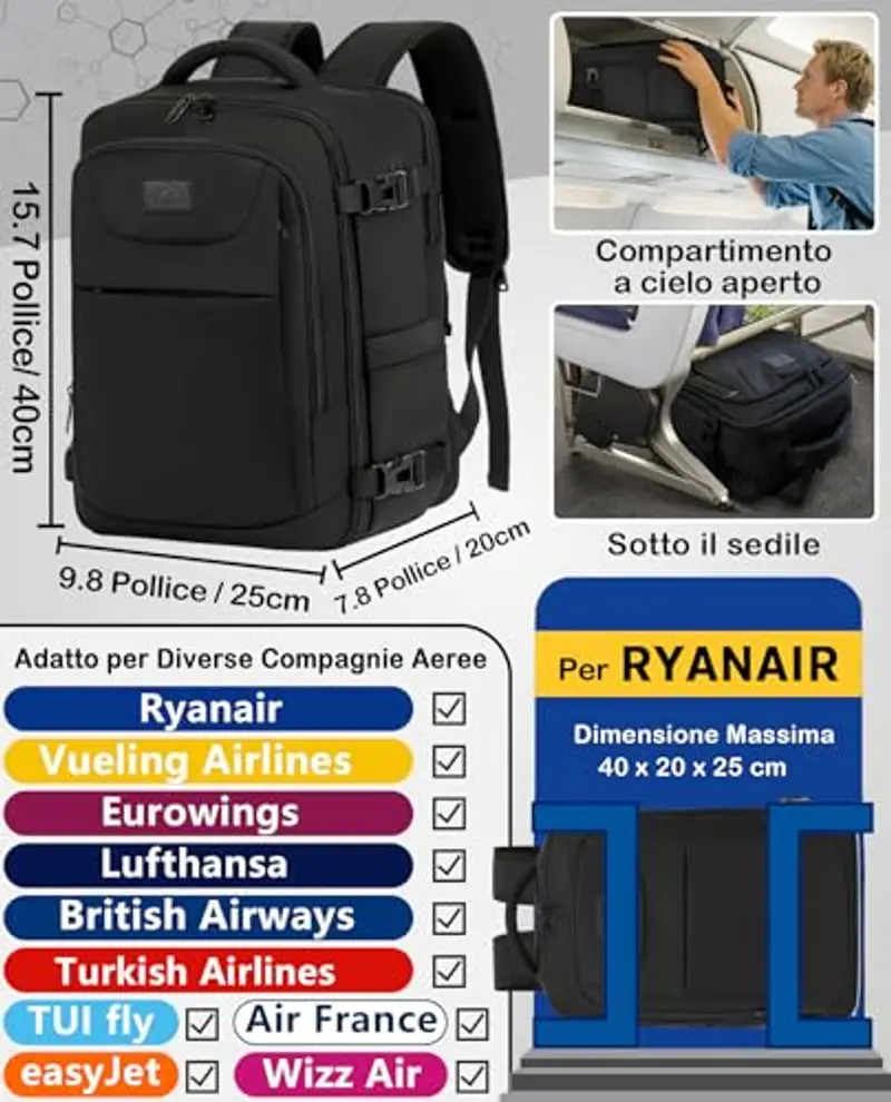 LYNXCHER Zaino da viaggio Uomo Nero 787374 miniatura 2