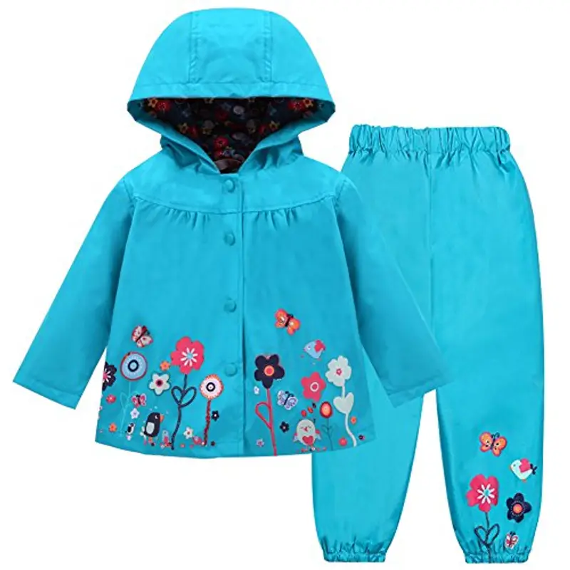 LZH Bambino Impermeabile Ragazza Pioggia Giacca con Cappuccio + Pantaloni Set,Blue,4-5 anni ?120?