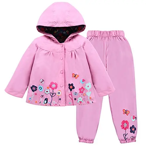 LZH Bambino Impermeabile Ragazza Pioggia Giacca con Cappuccio + Pantaloni Set,Pink,3-4 anni （110）