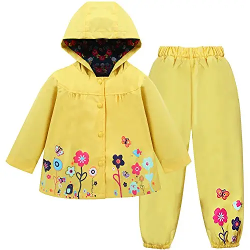 LZH Bambino Impermeabile Ragazza Pioggia Giacca con Cappuccio + Pantaloni Set,Yellow,2-3 anni （100）