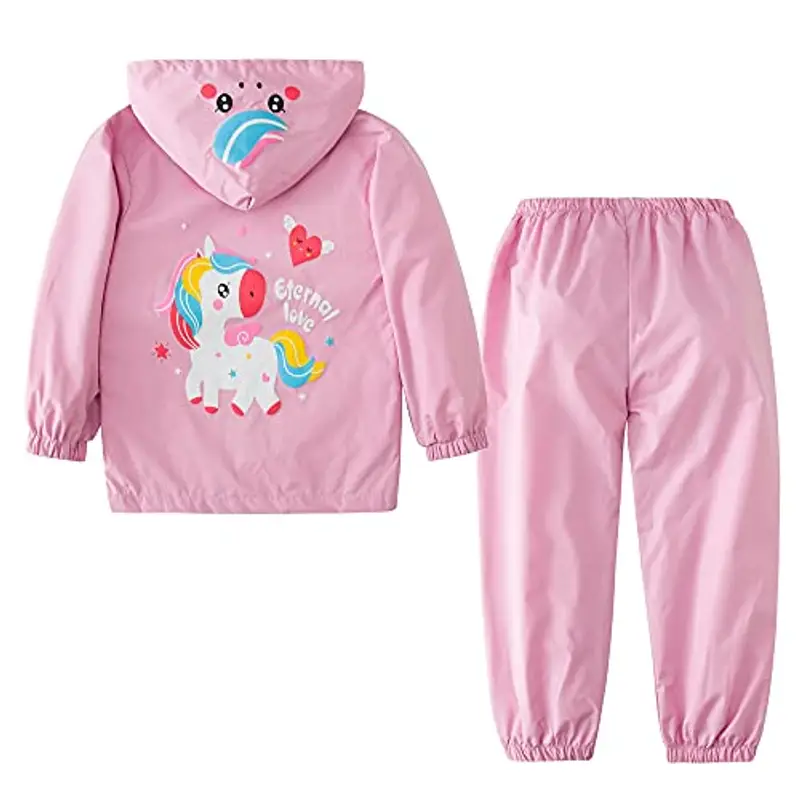 LZH Boys Raincoat Bambini Girls impermeabile con cappuccio, pantaloni giacca vestito leggero 2 pezzi set, dimensioni miniatura 2