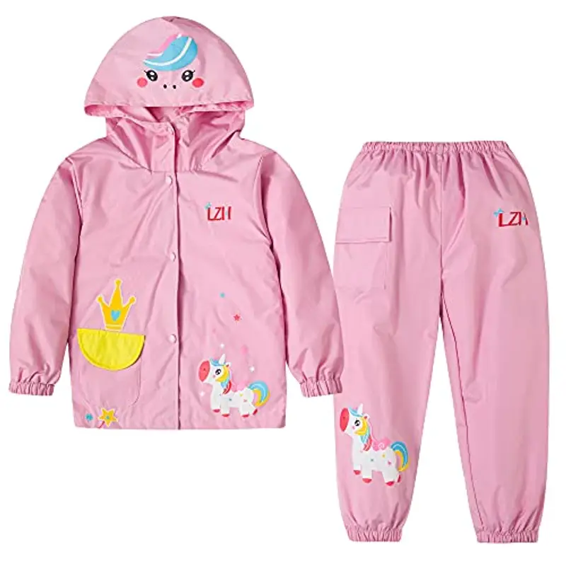 LZH Boys Raincoat Bambini Girls impermeabile con cappuccio, pantaloni giacca vestito leggero 2 pezzi set, dimensioni unisex 100/2-3 anni, Rosa-A
