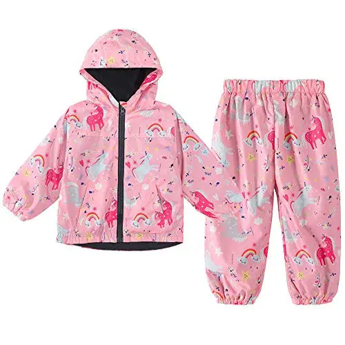 LZH Ragazzi Ragazze Impermeabile, Giacca Impermeabile con Cappuccio Cappotto Pantaloni Completi 2 PZ 1