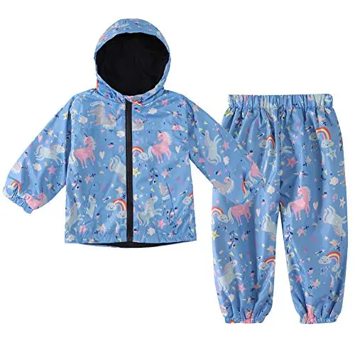 LZH Ragazzi Ragazze Impermeabile, Giacca Impermeabile con Cappuccio Cappotto Pantaloni Completi 2 PZ 4