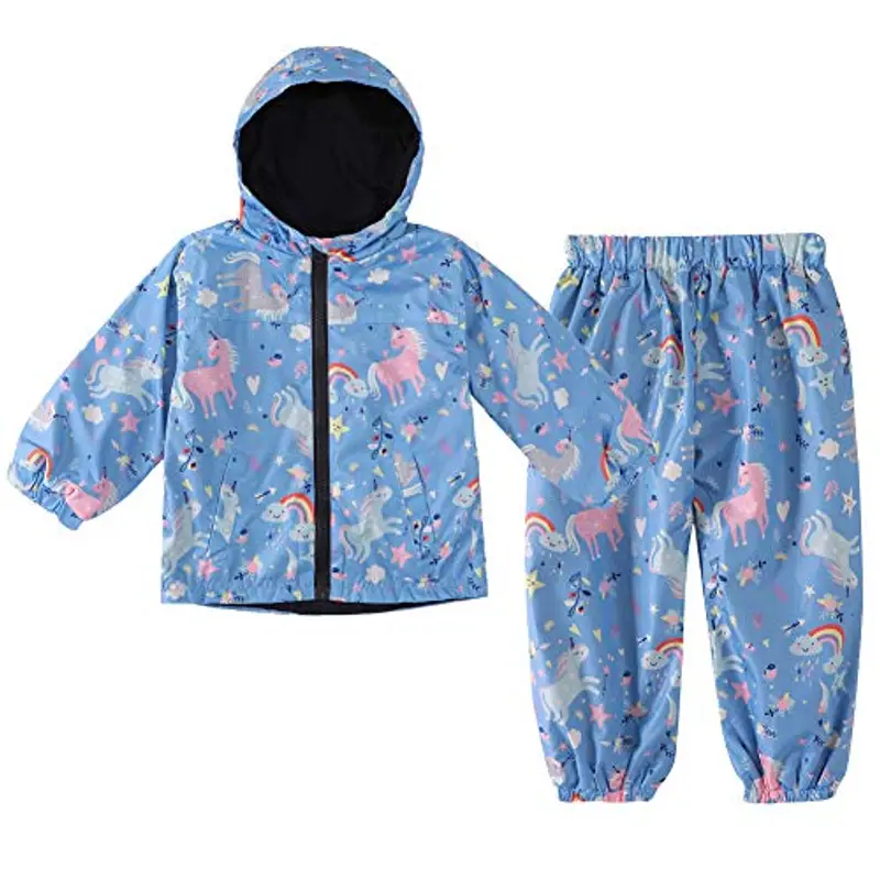 LZH Ragazzi Ragazze Impermeabile, Giacca Impermeabile con Cappuccio Cappotto Pantaloni Completi 2 PZ
