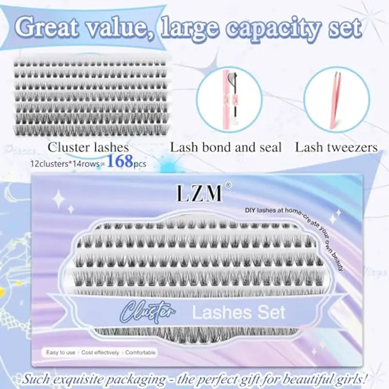 LZM 168pcs Kit Extension Ciglia Finte Ciuffetti D Curl 8-16mm Naturali Con Lash Bond and Seal Banda Sottile Lashes miniatura 2
