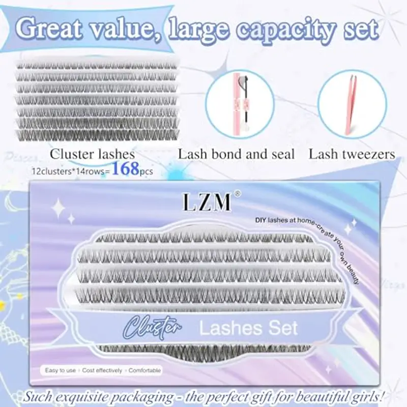 LZM Kit Extension Ciglia 168pcs Ciglia Finte Ciuffetti D Curl 8-16mm Ciglia Finte Naturali Con Lash Bond and Seal Banda miniatura 2