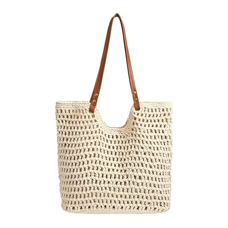 Mabecol Borsa Donna a Spalla in Maglia - Borsa Mare Boho per Spiaggia, Vacanze e Shopping, Borse Tote Hobo Intrecciate, Borsa Paglia da Spiaggia (2-Beige)