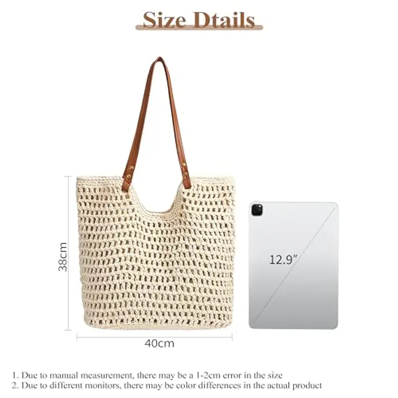 Mabecol Borsa Donna a Spalla in Maglia - Borsa Mare Boho per Spiaggia, Vacanze e Shopping, Borse Tote Hobo Intrecciate, Borsa Paglia da Spiaggia (2-Beige) miniatura 3