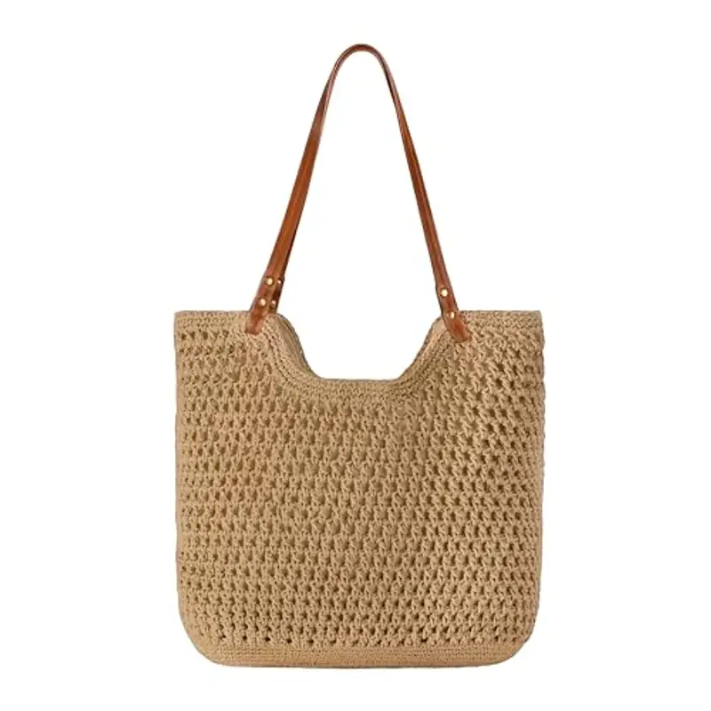 Mabecol Borsa Donna a Spalla in Maglia - Borsa Mare Boho per Spiaggia, Vacanze e Shopping, Borse Tote Hobo Intrecciate, Borsa Paglia da Spiaggia (2-Cachi)