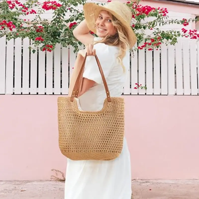 Mabecol Borsa Donna a Spalla in Maglia - Borsa Mare Boho per Spiaggia, Vacanze e Shopping, Borse Tote Hobo Intrecciate, Borsa Paglia da Spiaggia (2-Cachi) miniatura 2