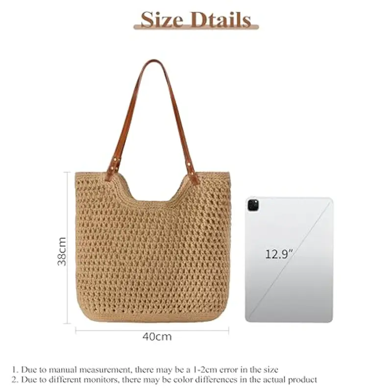 Mabecol Borsa Donna a Spalla in Maglia - Borsa Mare Boho per Spiaggia, Vacanze e Shopping, Borse Tote Hobo Intrecciate, Borsa Paglia da Spiaggia (2-Cachi) miniatura 3