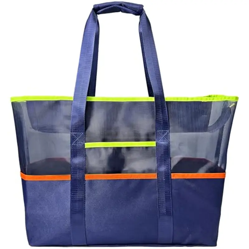 Mabecol Borsa Mare Grande Donna in Nylon Impermeabile - Borsa da Spiaggia Impermeabile con Rete Tasche, Tote Bag Capiente con Cerniera per Spiaggia, Viaggi e Piscina (Blu Scuro)