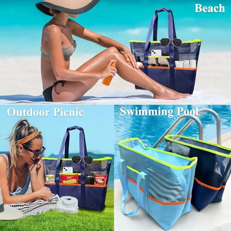 Mabecol Borsa Mare Grande Donna in Nylon Impermeabile - Borsa da Spiaggia Impermeabile con Rete Tasche, Tote Bag Capiente con Cerniera per Spiaggia, Viaggi e Piscina (Blu Scuro) miniatura 2