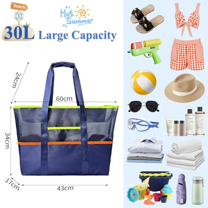 Mabecol Borsa Mare Grande Donna in Nylon Impermeabile - Borsa da Spiaggia Impermeabile con Rete Tasche, Tote Bag Capiente con Cerniera per Spiaggia, Viaggi e Piscina (Blu Scuro) miniatura 3
