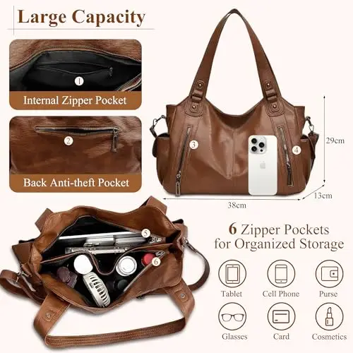 Mabecol Borsa Shopper Donna PU Grande Capacità Elegante Vintage Tote Rigida a Mano e a Spalla con Tracolla Regolabile miniatura 3