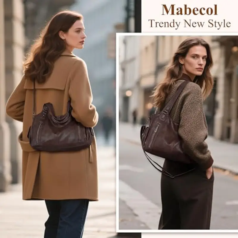 Mabecol Borsa Shopper Donna PU Grande Capacità Elegante Vintage Tote Rigida a Mano e a Spalla con Tracolla Regolabile miniatura 2