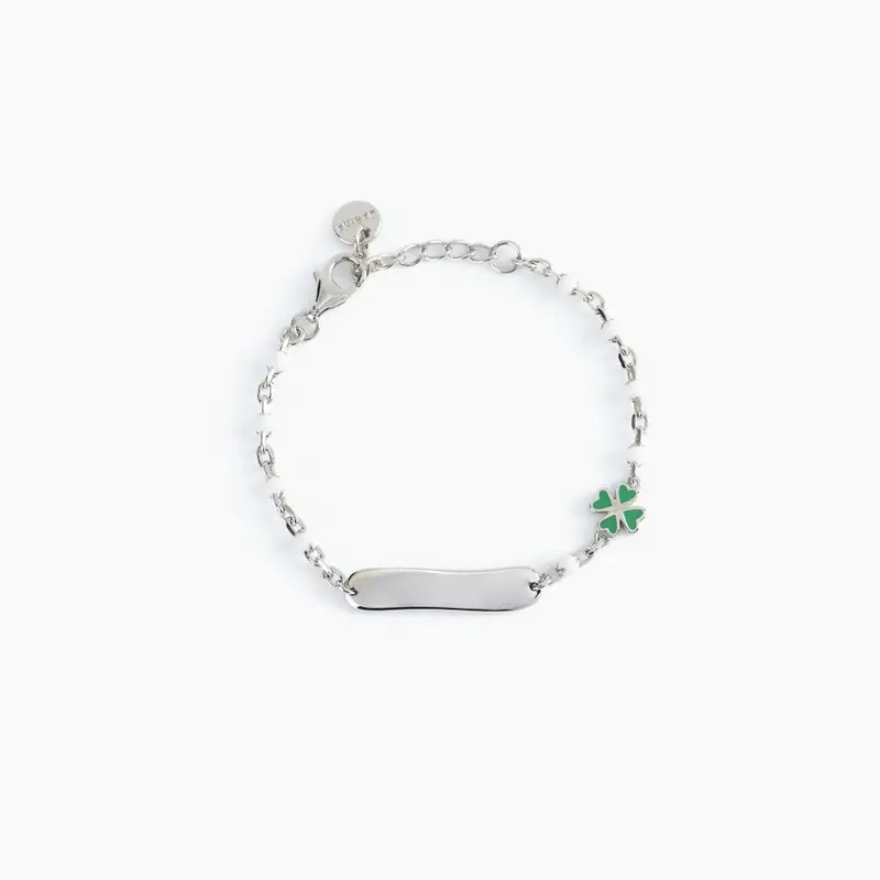Bracciale Bianco Con Quadrifoglio E Targhetta Incidibile