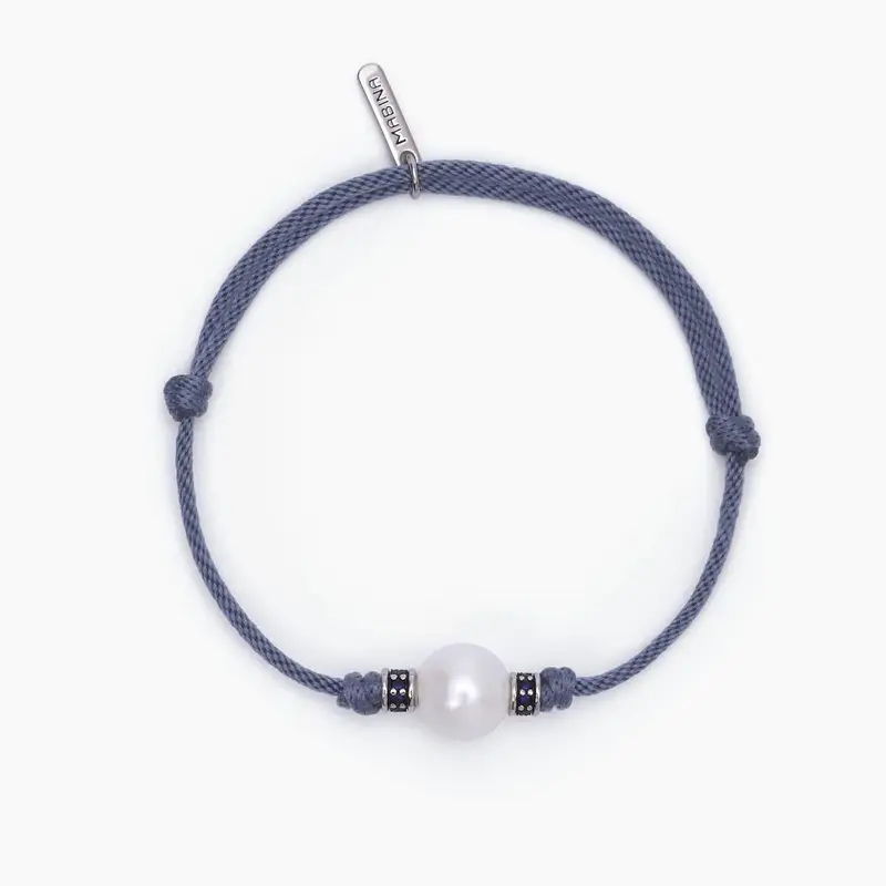 Bracciale Uomo Con Cordino Blu, Perla Bianca E Zirconi Blu Tropical