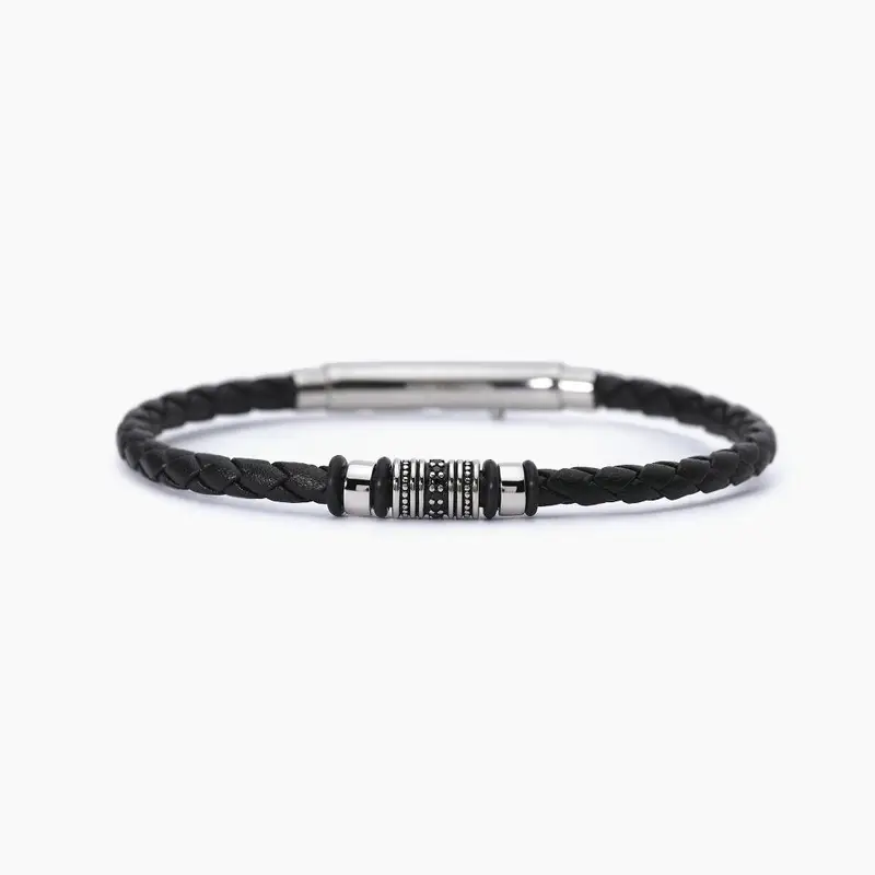 Bracciale Uomo In Acciaio In Lab Leather Con Zirconi Neri Smarter