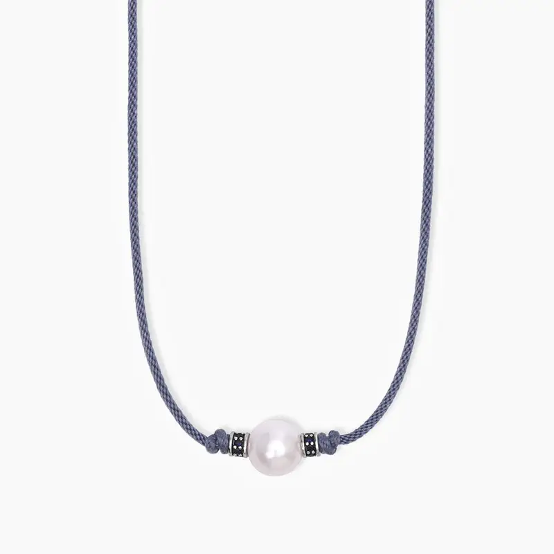 Collana Uomo In Argento Con Cordino Blu, Perla Bianca E Zirconi Blu Tropical