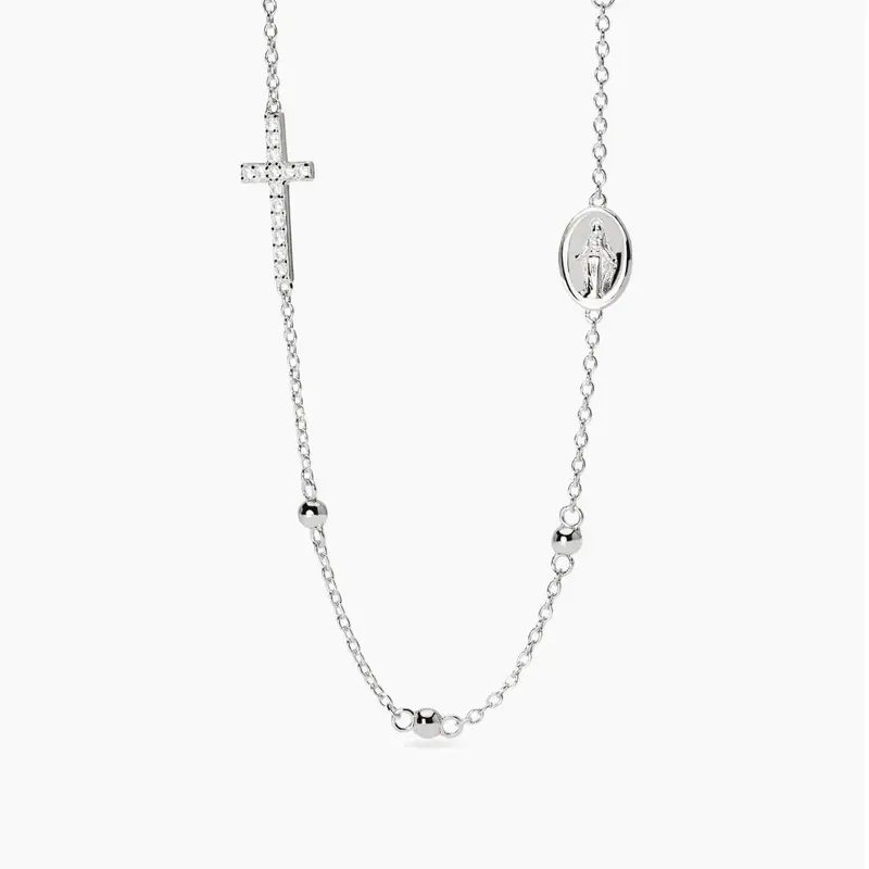 Girocollo In Argento Con Croce E Madonnina Rosario