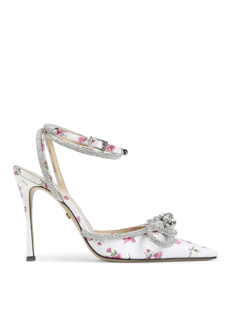 Sandali con tacco alto in raso floreale Bianco