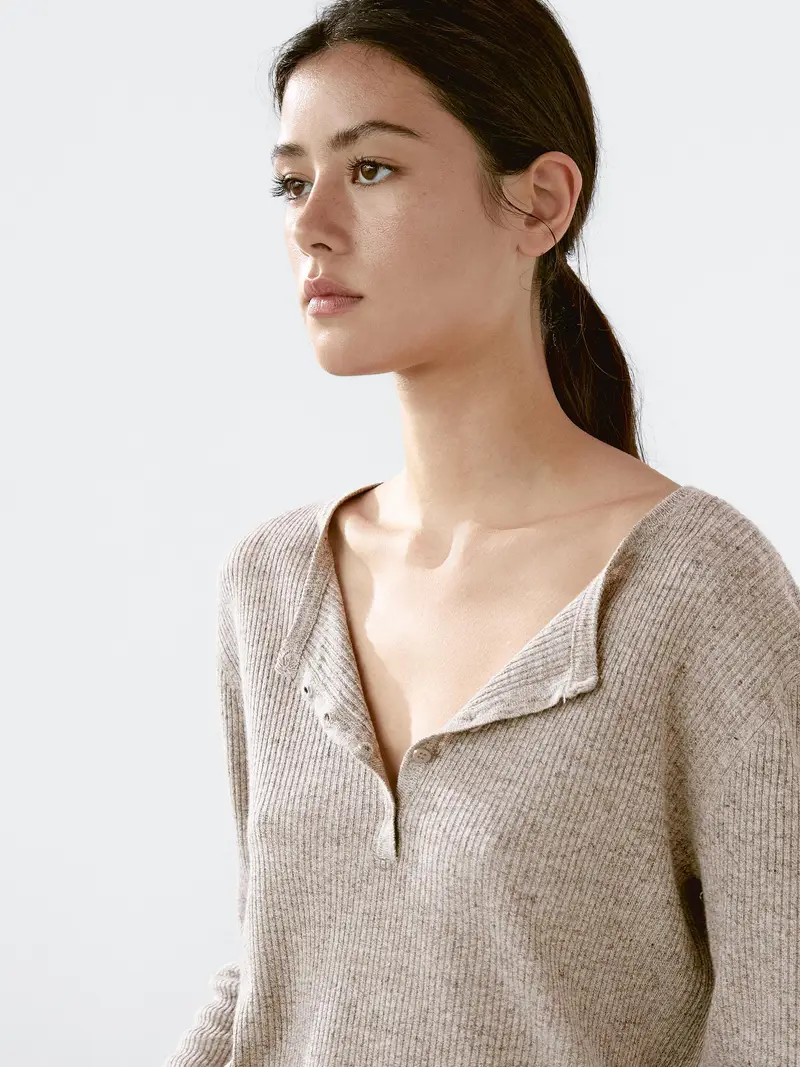 Maglia Con Collo A Serafino In Misto Lino - Grigio Mélange - L - Massimo Dutti - Femminile