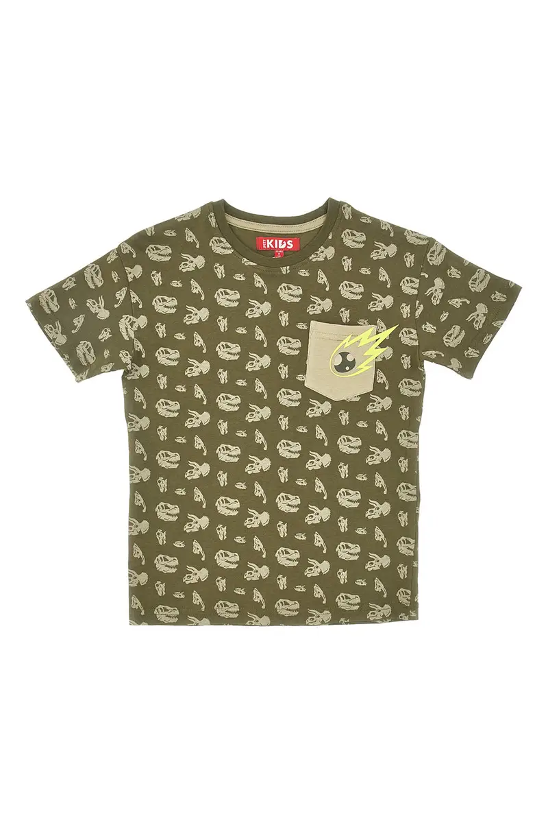 Maglia Girocollo a Maniche Corte Verde con Stampe a Contrasto PITT KIDS PT-K-T-7013