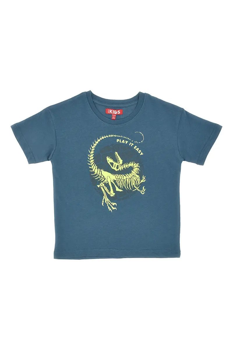 Maglia Girocollo a Miche Corte Petrolio con Stampa Giallo Fluo PITT KIDS PT-K-T-7011