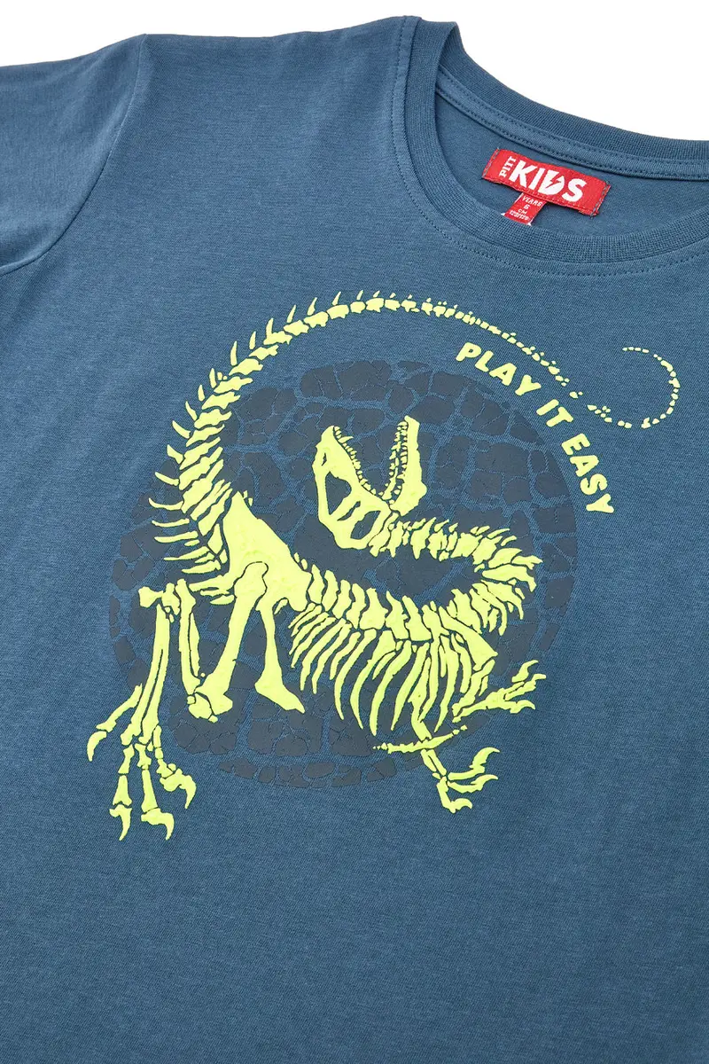 Maglia Girocollo a Miche Corte Petrolio con Stampa Giallo Fluo PITT KIDS PT-K-T-7011 miniatura 3