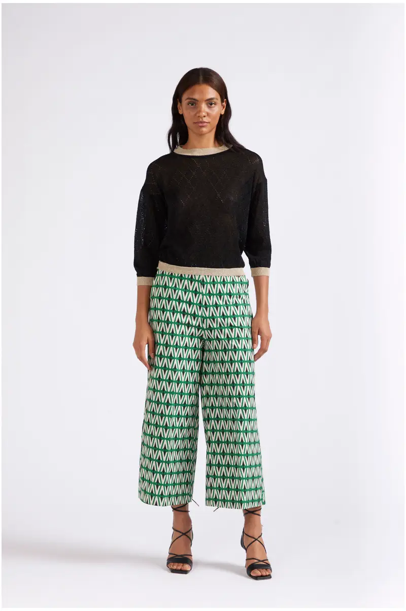 maglia girocollo in lurex con motivo traforo nero